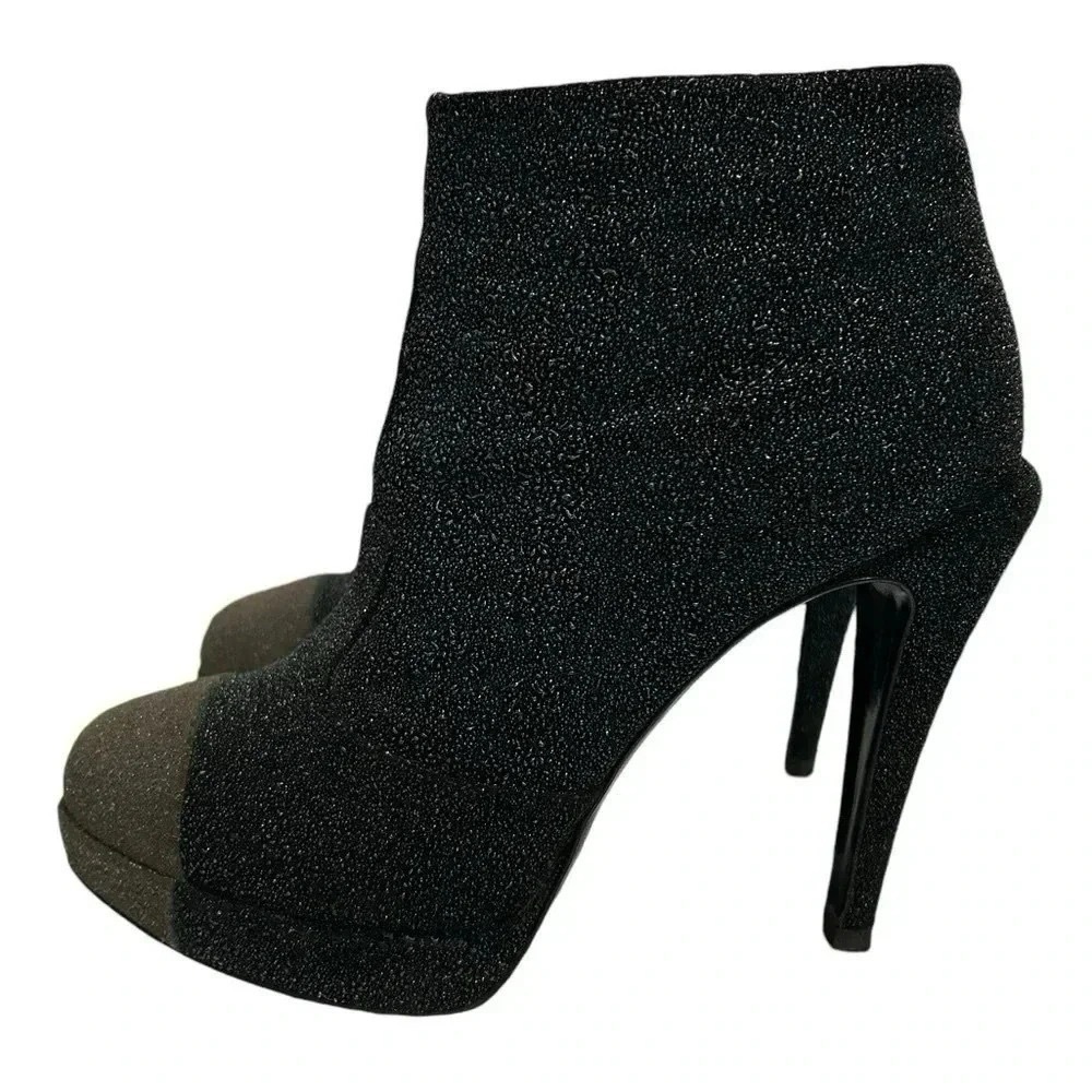 Chanel Glitter Suede CC Cap Toe Ankle Boots Black 40.5 Stiletto Heels - Picture 1 of 15